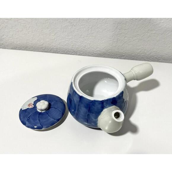 Japanese Aoi Hana Kyusu Teapot Blue Porcelain Teapot with Handle - Picture 3 of 10